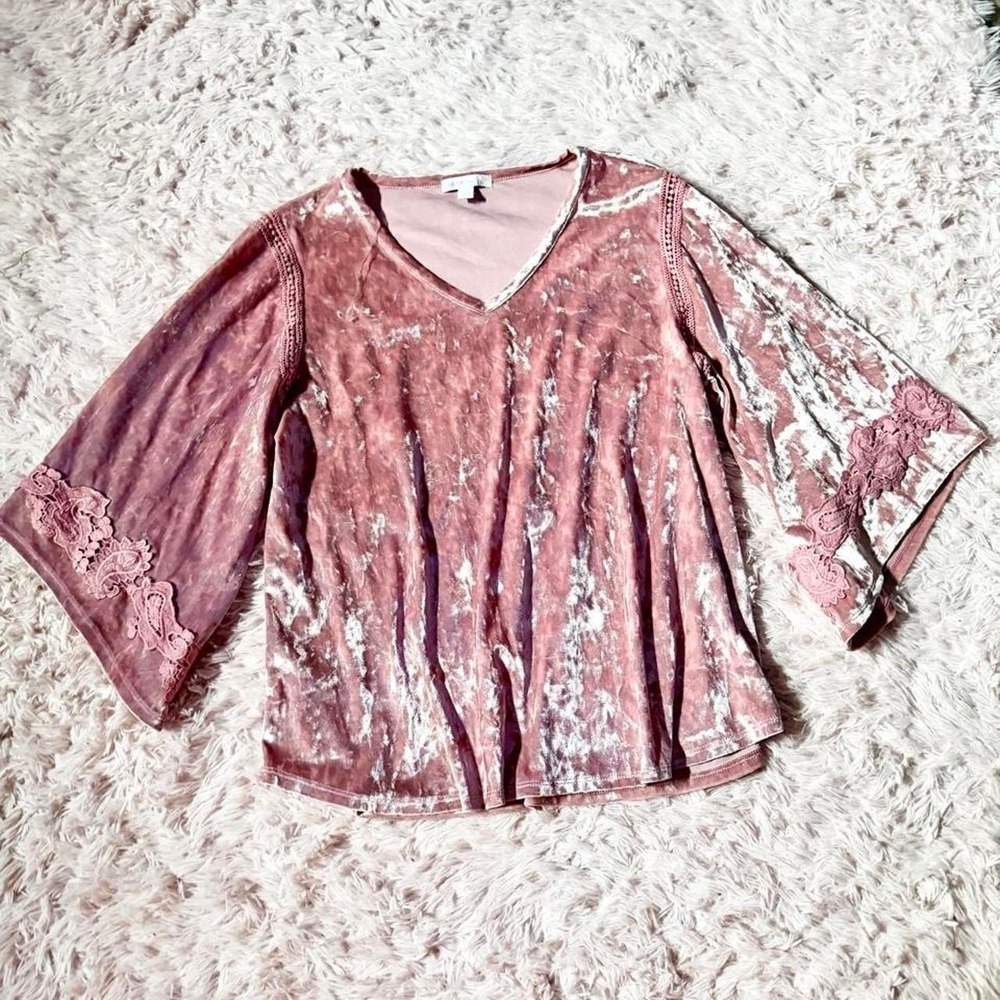Dusty Rose Crushed Velvet Feminine Lace Romantic Asymetrical Sleeve Top Womens L